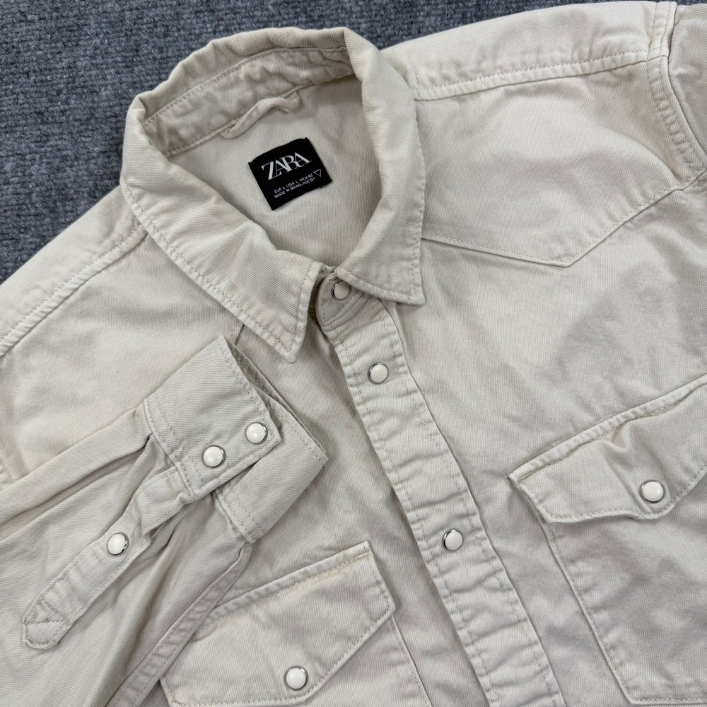 ZARA Mens Long Sleeve Snap Button Western Style Shirt Sand Beige Size Large‎